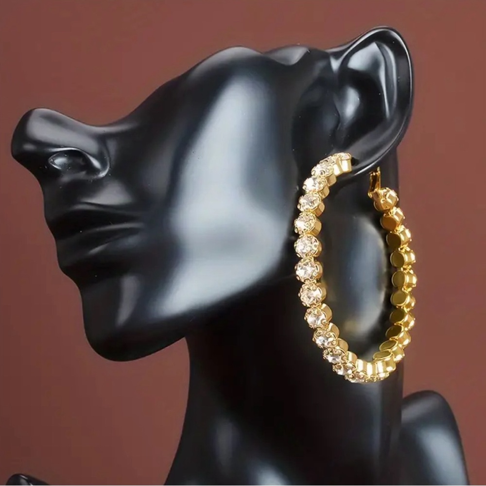 Gold Shiny Rhinestone Hoop Earrings - Picture 6 of 7